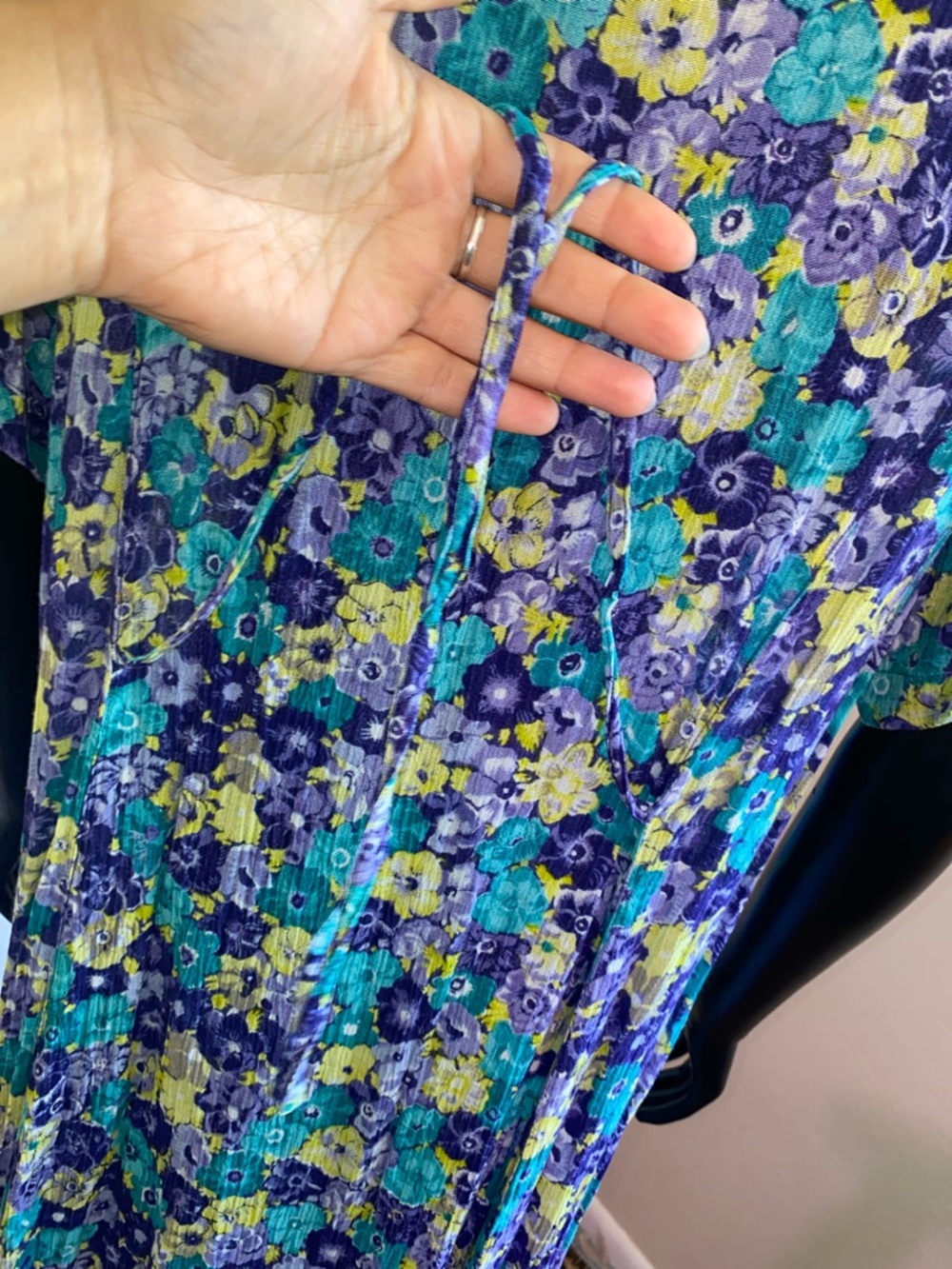 Vintage Floral Button-Front Midi Dress Tie Back Strings in Teal & Purple - Picture 10 of 11